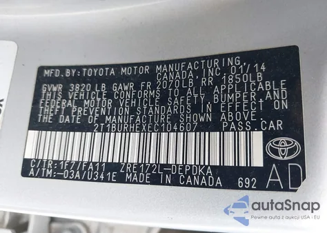 2014 Toyota Corolla L из США, поврежденный, VIN 2T1BURHEXEC104607